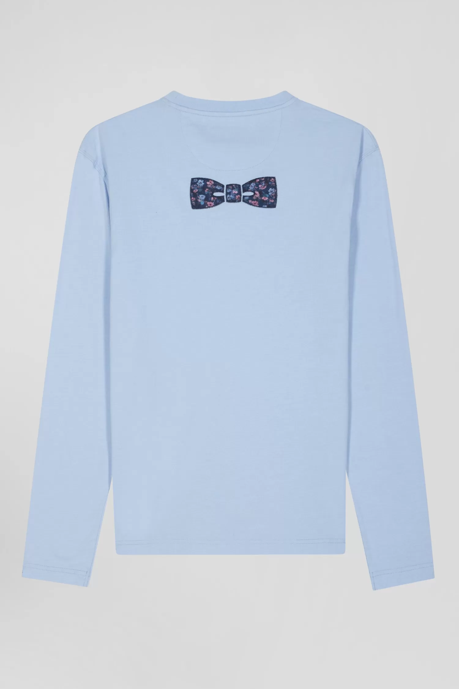 Eden Park Regular sky blue long-sleeved cotton T-shirt with floral back patch< T-shirts