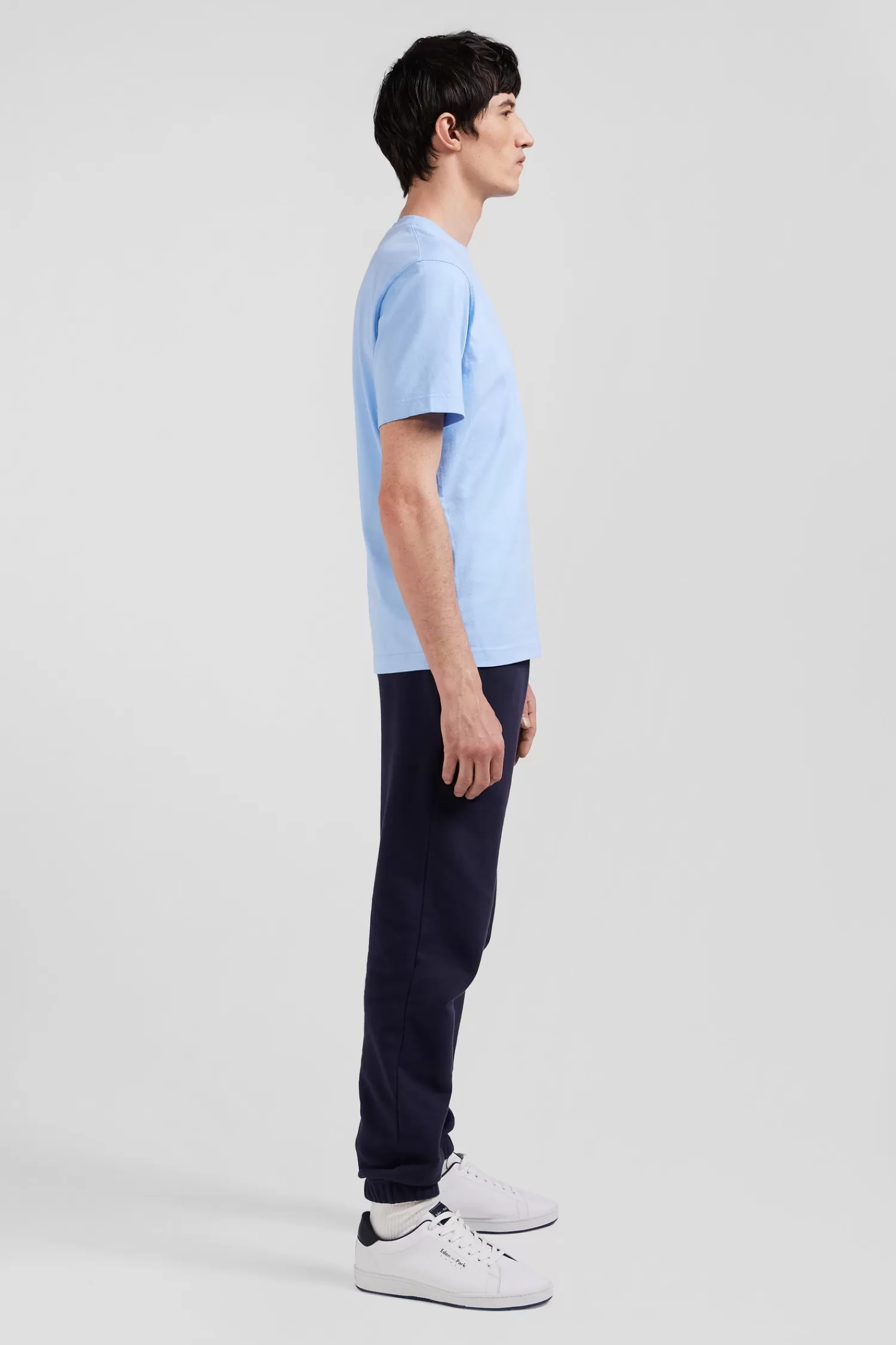 Eden Park Regular sky blue short-sleeved cotton T-shirt with tie patchwork emblem< T-shirts