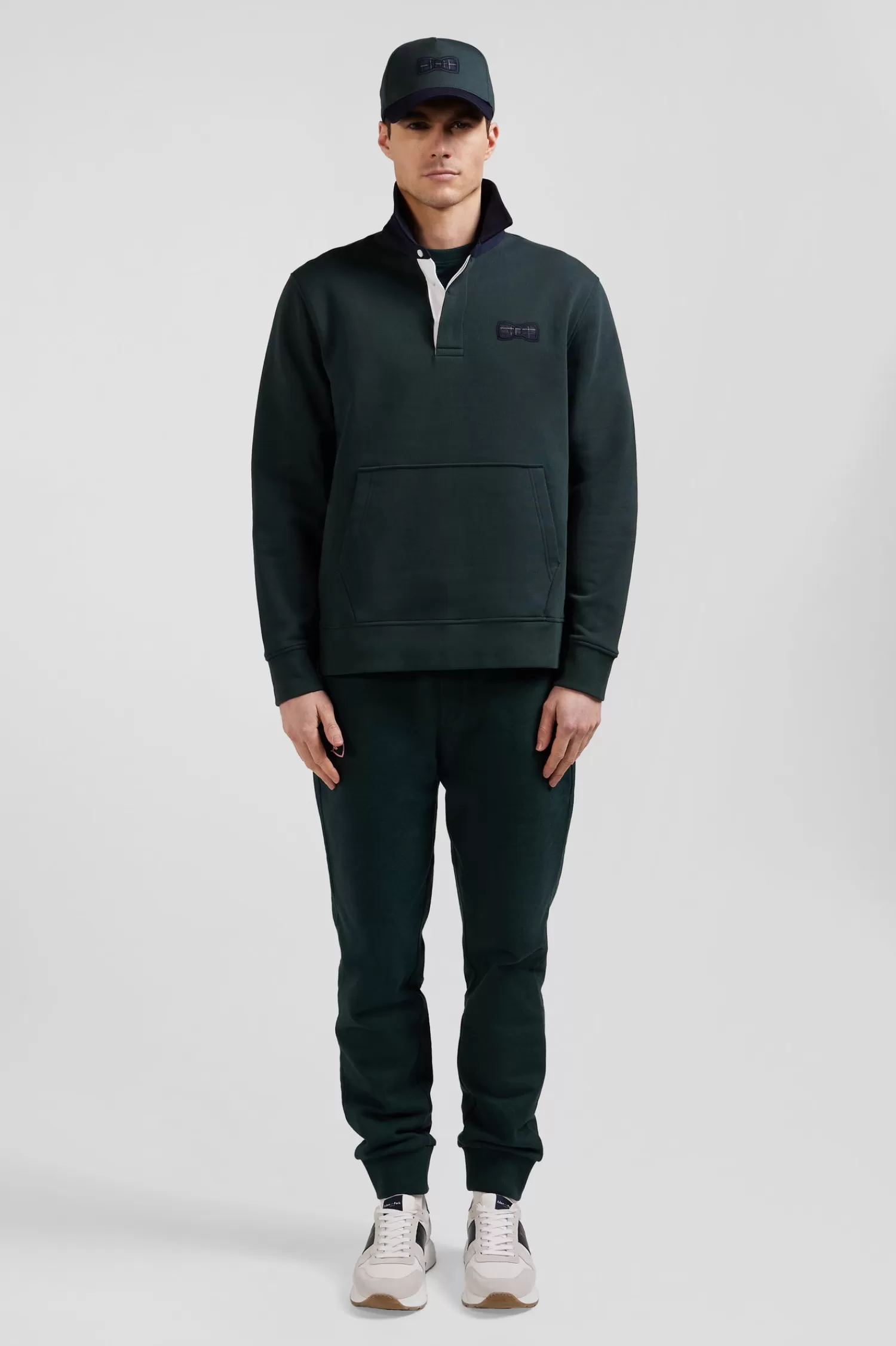 Eden Park Relaxed green cotton blend sweatshirt with checked patchwork and rugby shirt collar< Sweatshirts