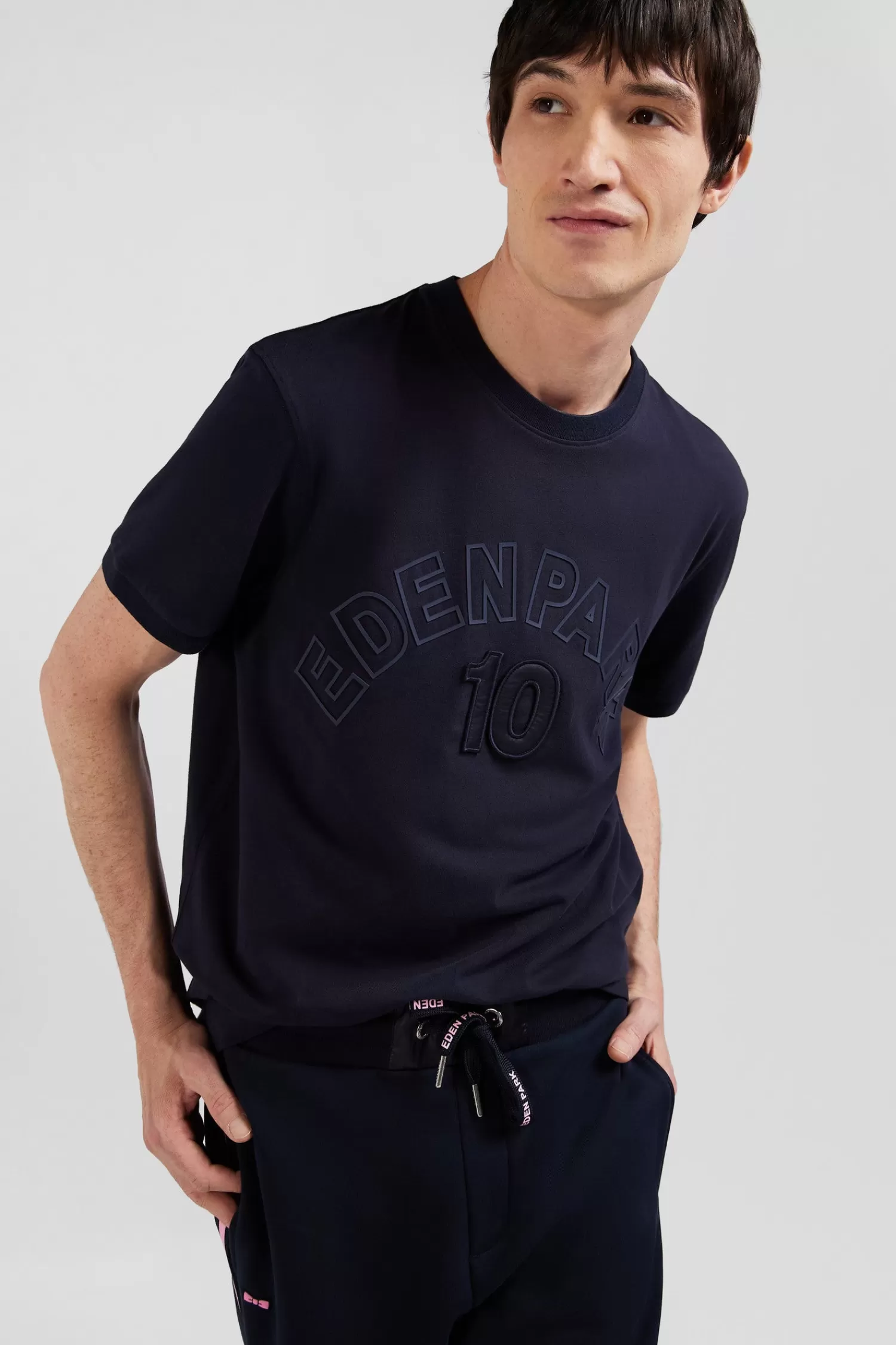 Eden Park Relaxed navy and sky blue bicolor short-sleeved cotton T-shirt with 10 print< T-shirts