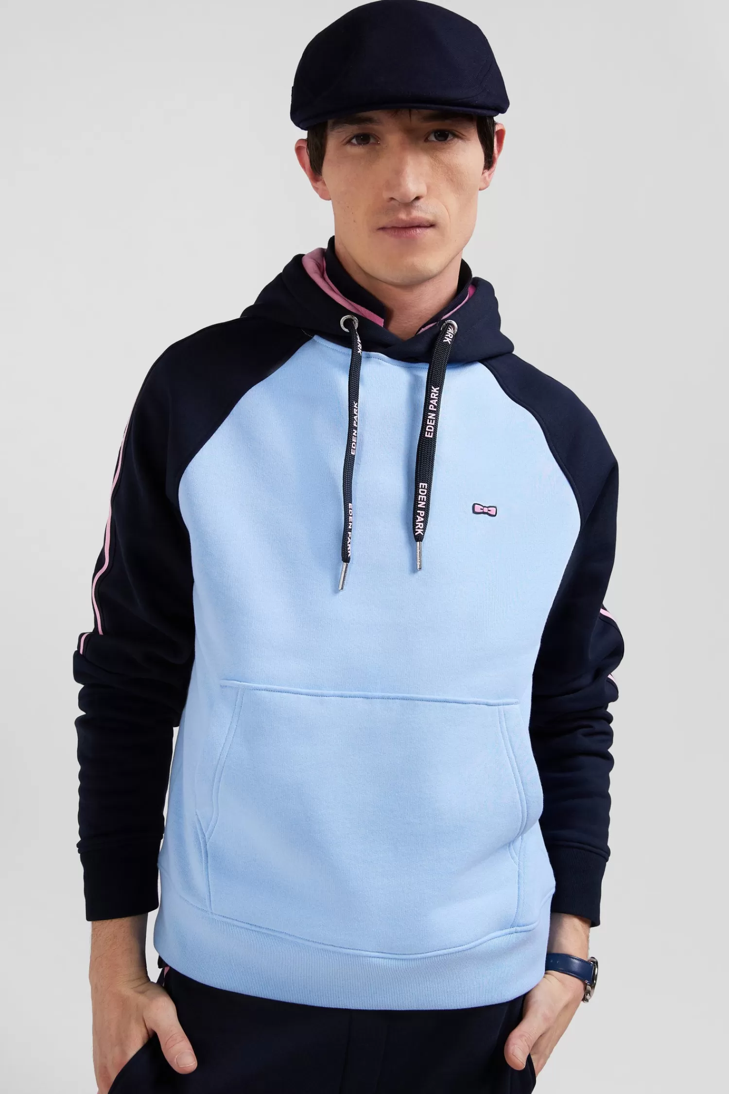 Eden Park Relaxed navy and sky blue fleece hoodie with branded drawstrings< Sweatshirts