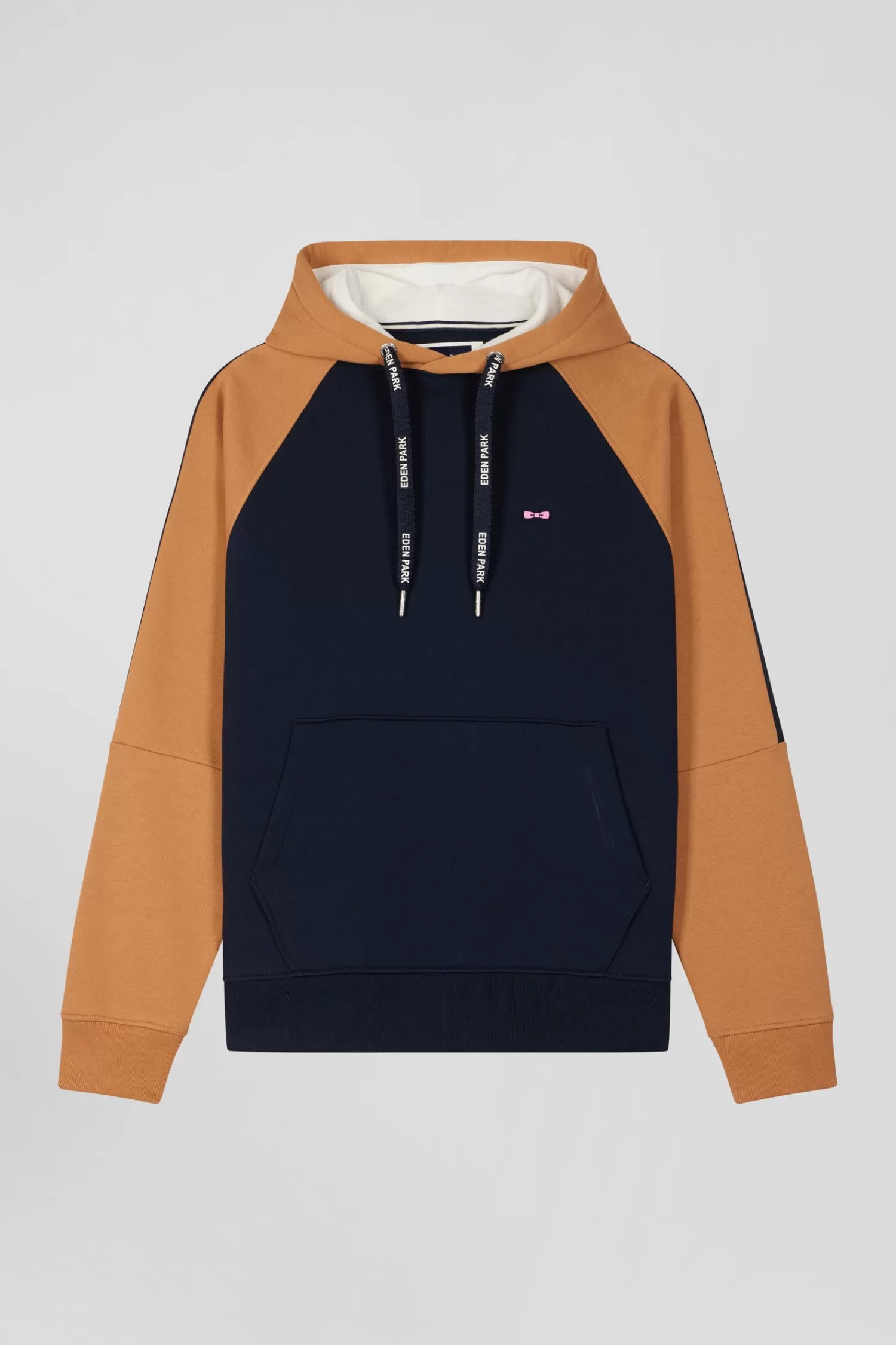 Eden Park Relaxed navy blue and camel fleece hoodie with branded drawstrings< Sweatshirts