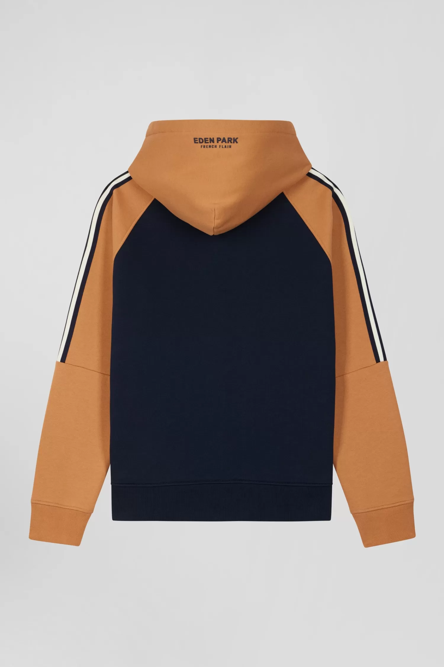 Eden Park Relaxed navy blue and camel fleece hoodie with branded drawstrings< Sweatshirts