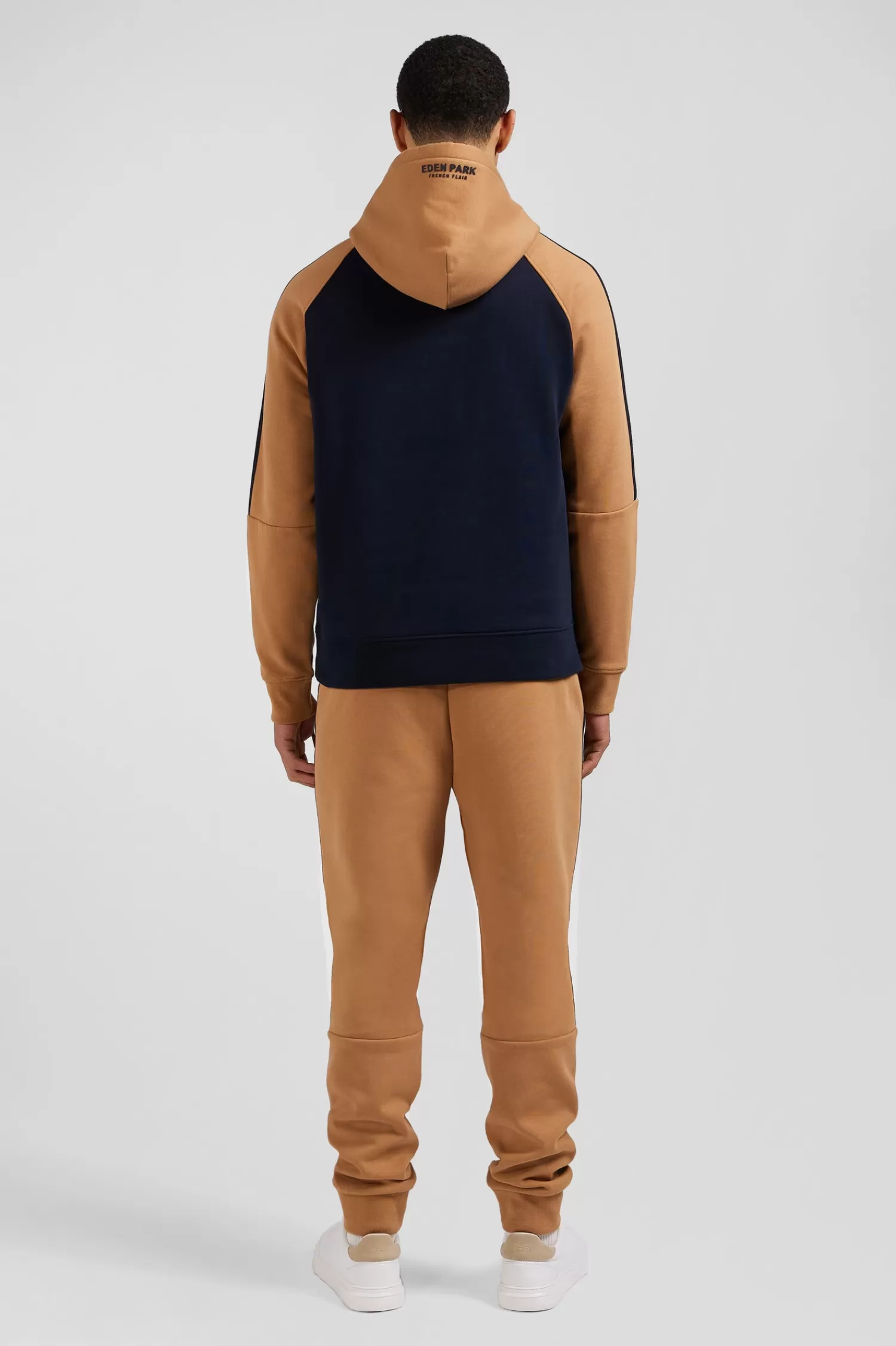Eden Park Relaxed navy blue and camel fleece hoodie with branded drawstrings< Sweatshirts