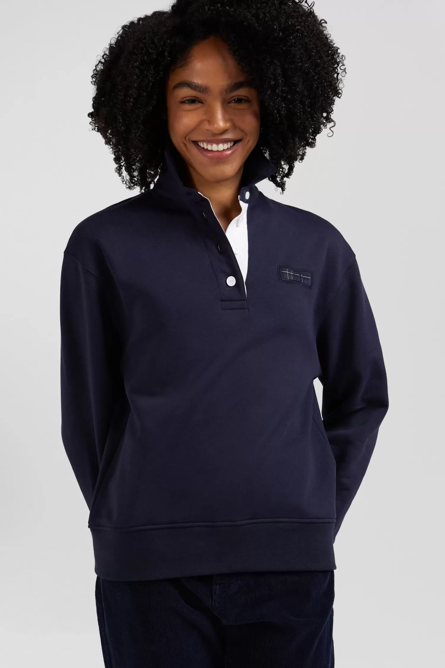 Eden Park Relaxed navy blue cotton blend sweatshirt with back embroidery and rugby shirt collar<Women Sweatshirts