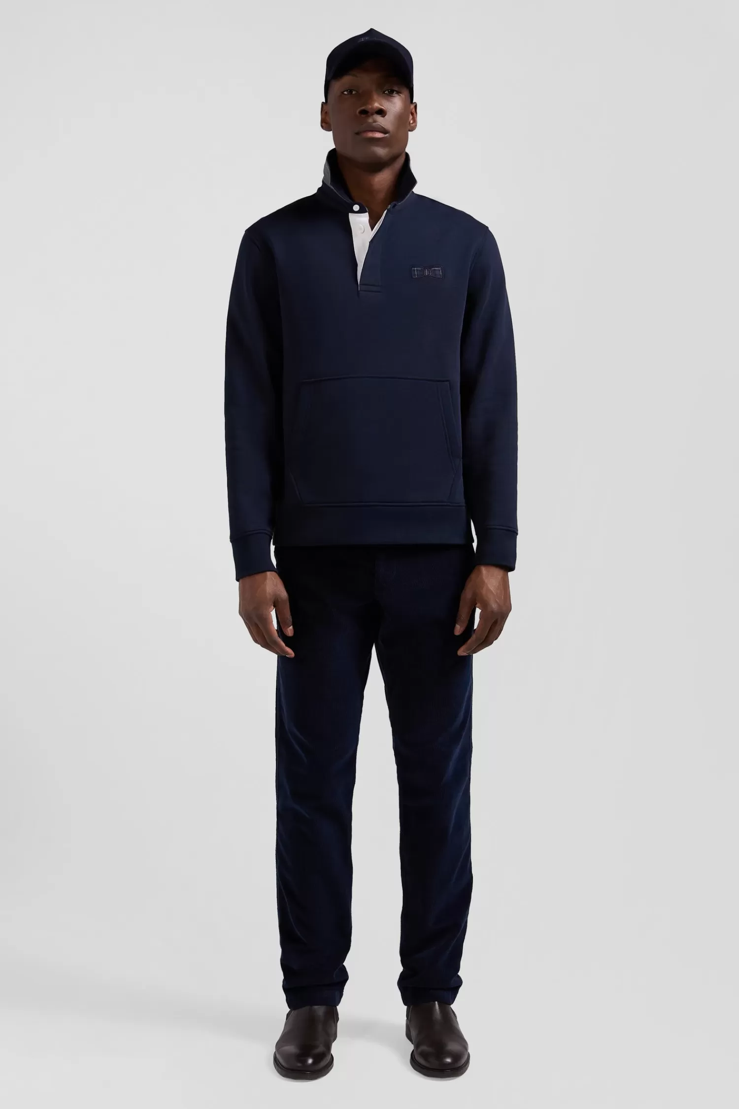 Eden Park Relaxed navy blue cotton blend sweatshirt with checked patchwork and rugby shirt collar< Sweatshirts