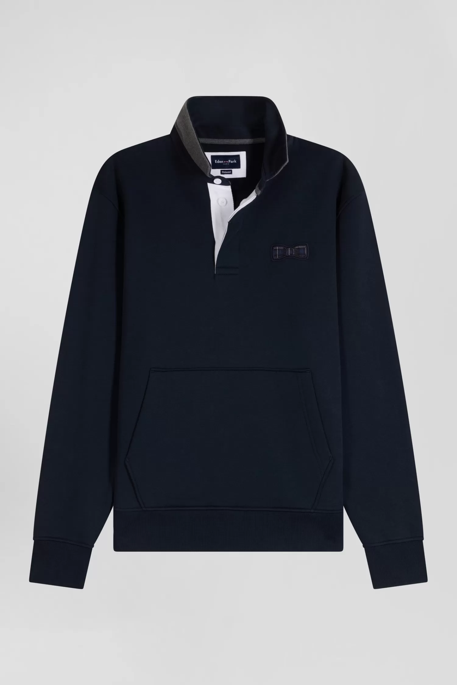 Eden Park Relaxed navy blue cotton blend sweatshirt with checked patchwork and rugby shirt collar< Sweatshirts