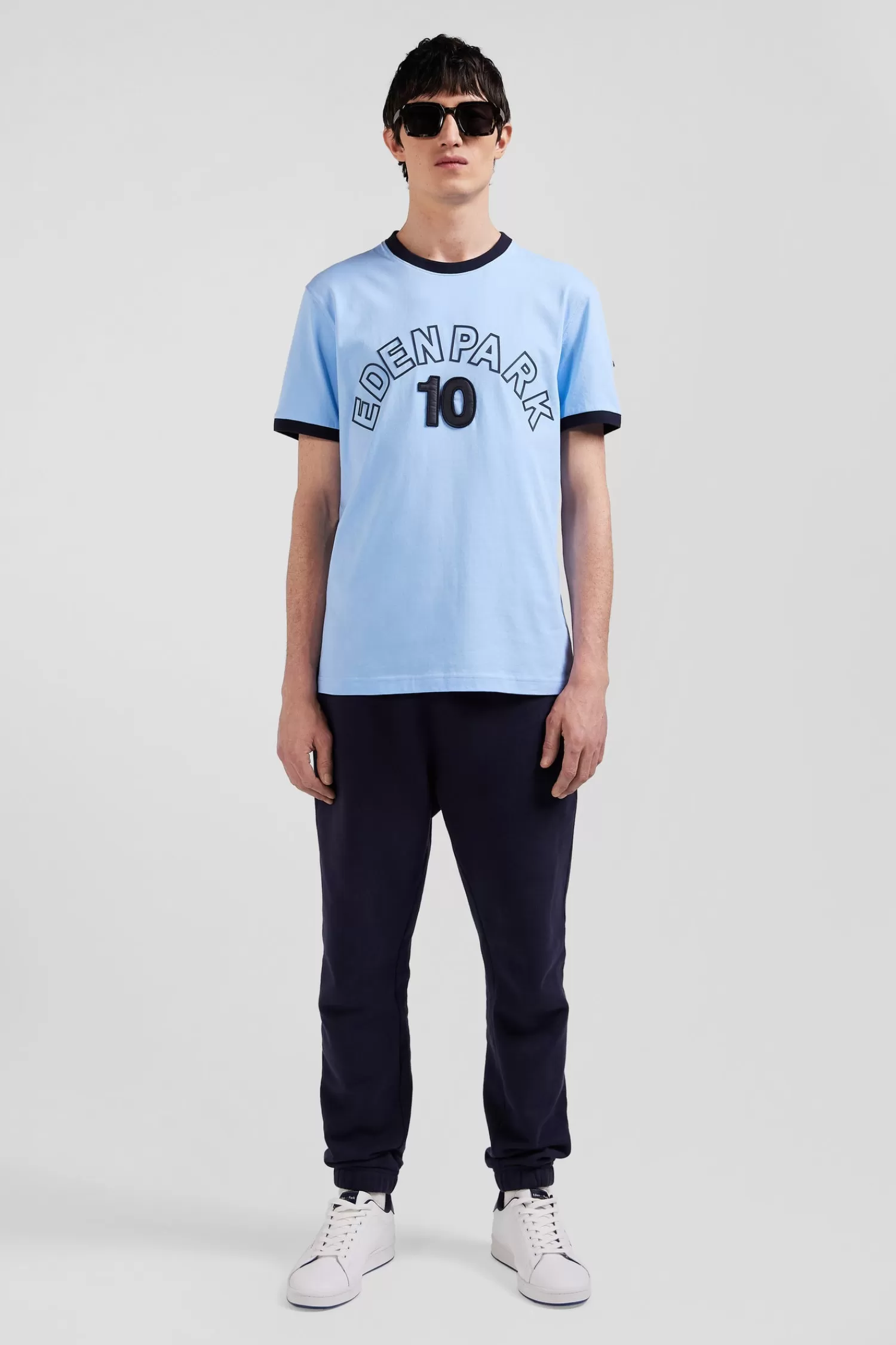 Eden Park Relaxed sky blue bicolor short-sleeved cotton T-shirt with 10 print< T-shirts