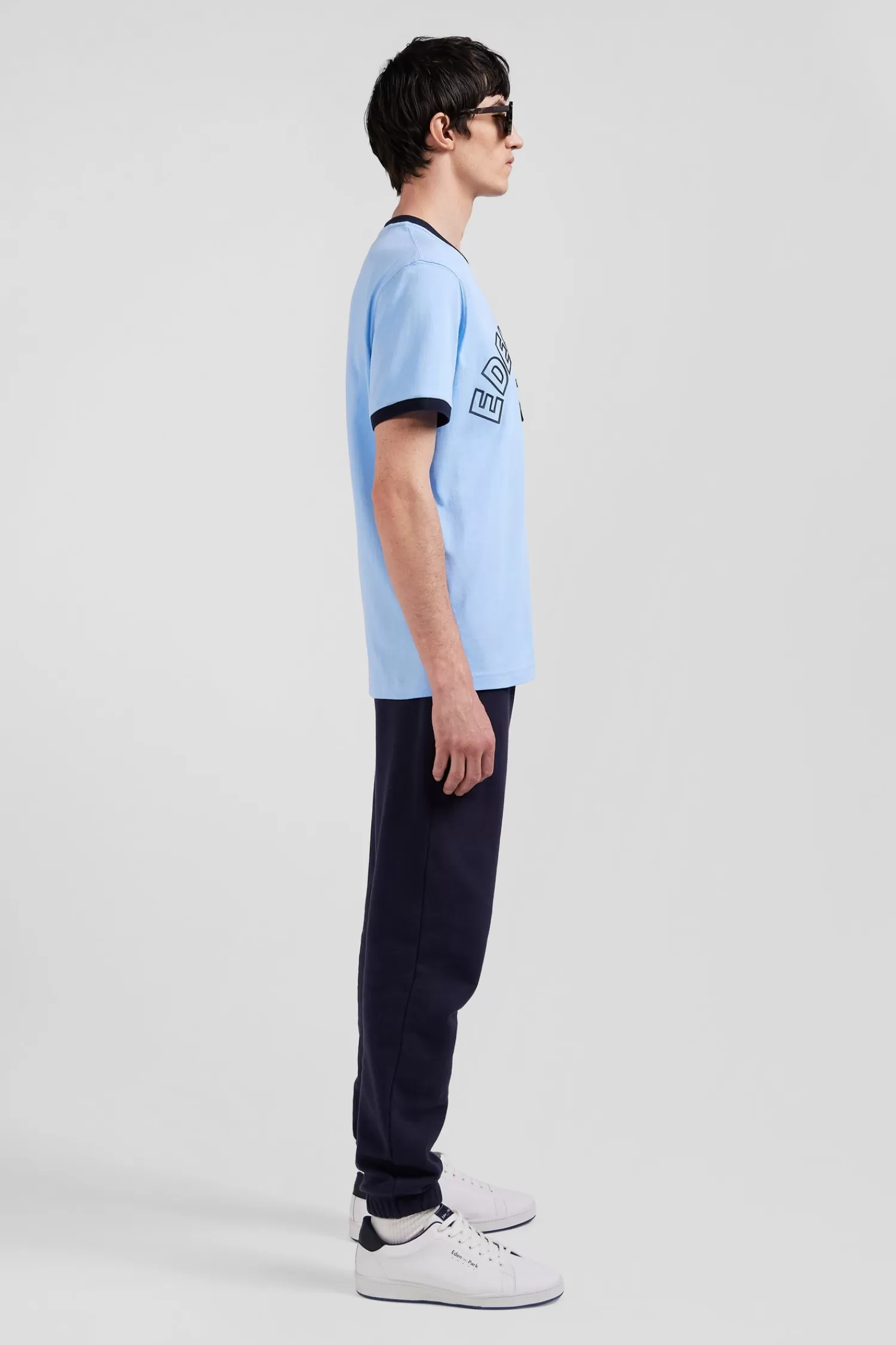 Eden Park Relaxed sky blue bicolor short-sleeved cotton T-shirt with 10 print< T-shirts
