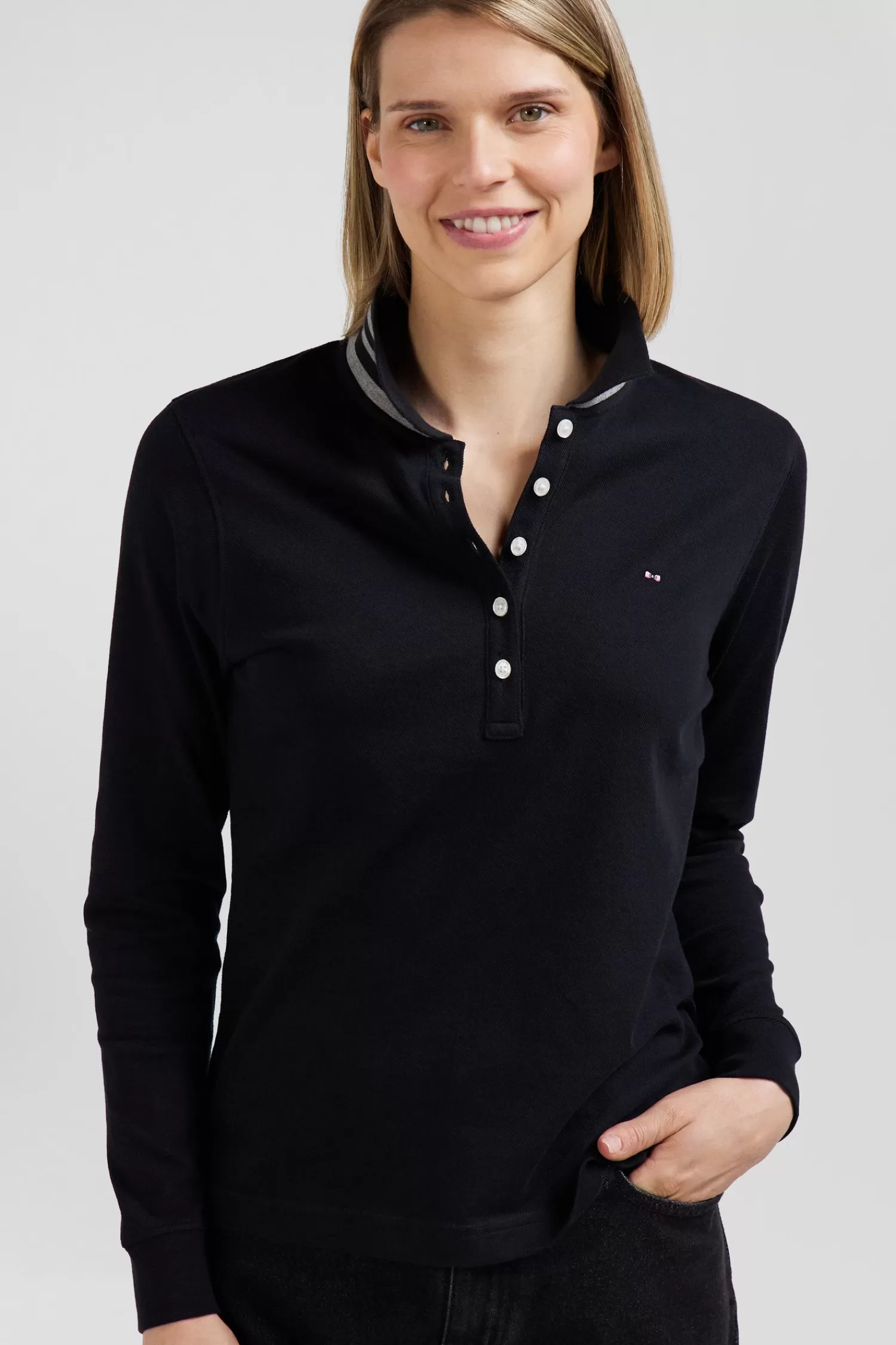 Eden Park Slim black long-sleeved stretch cotton polo shirt with striped collar<Women Polos | Polos