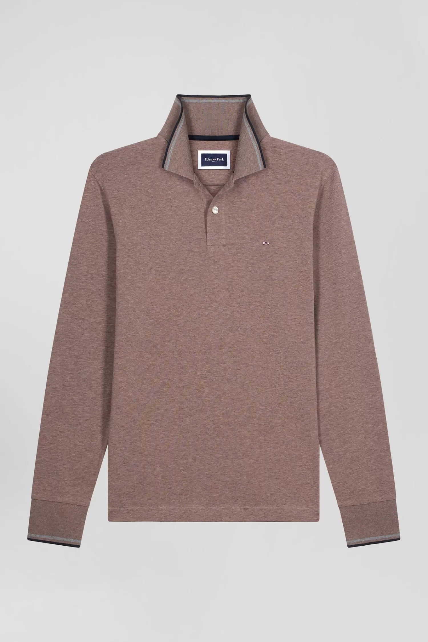 Eden Park Slim brown long-sleeved stretch cotton polo shirt with striped finishes< Polos
