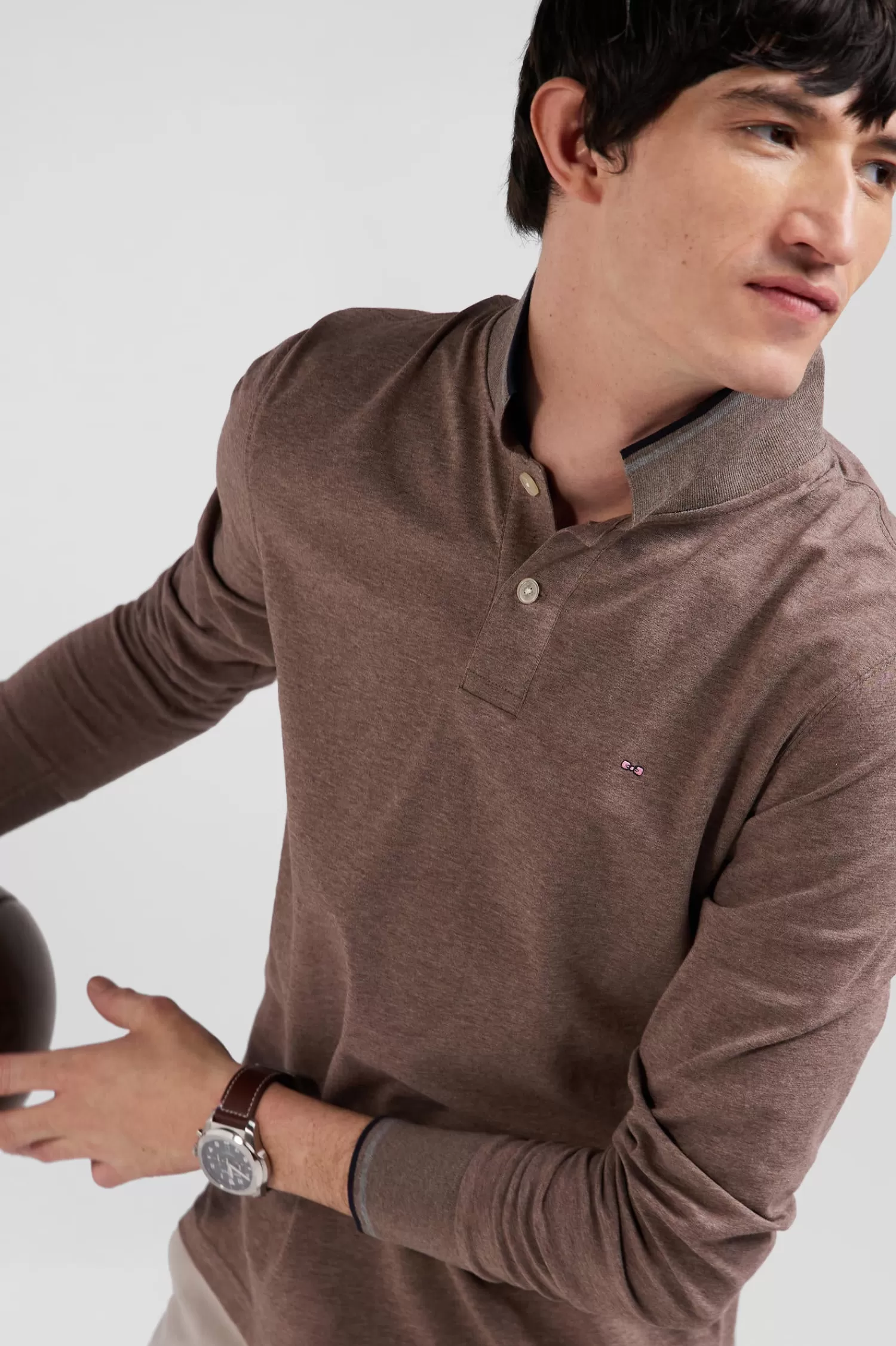Eden Park Slim brown long-sleeved stretch cotton polo shirt with striped finishes< Polos