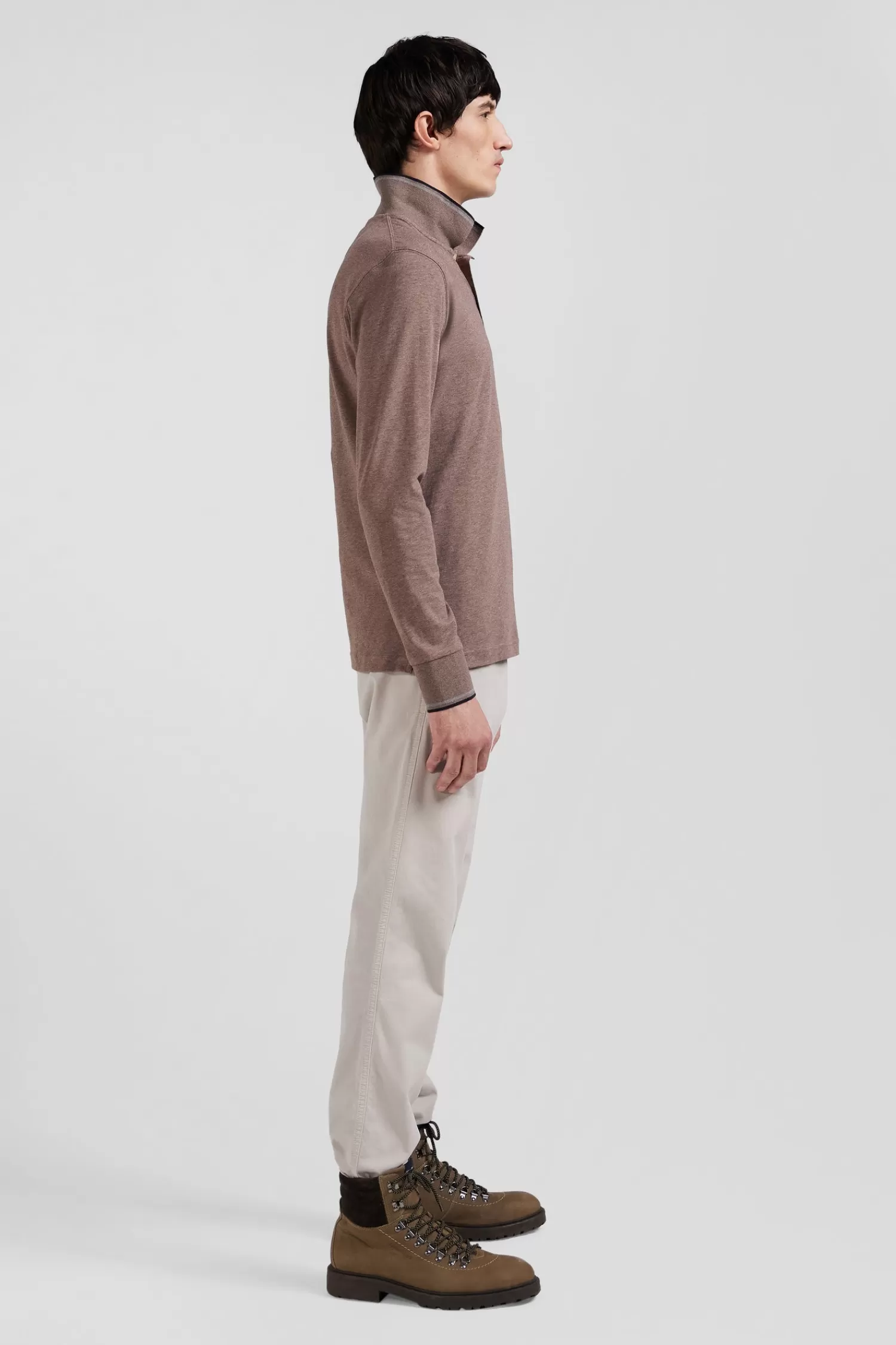 Eden Park Slim brown long-sleeved stretch cotton polo shirt with striped finishes< Polos