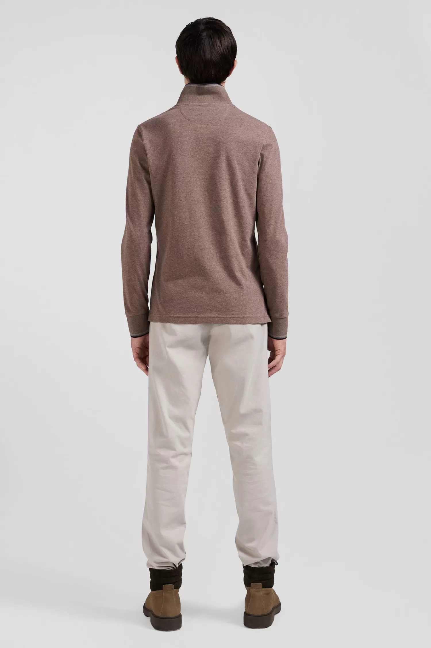 Eden Park Slim brown long-sleeved stretch cotton polo shirt with striped finishes< Polos