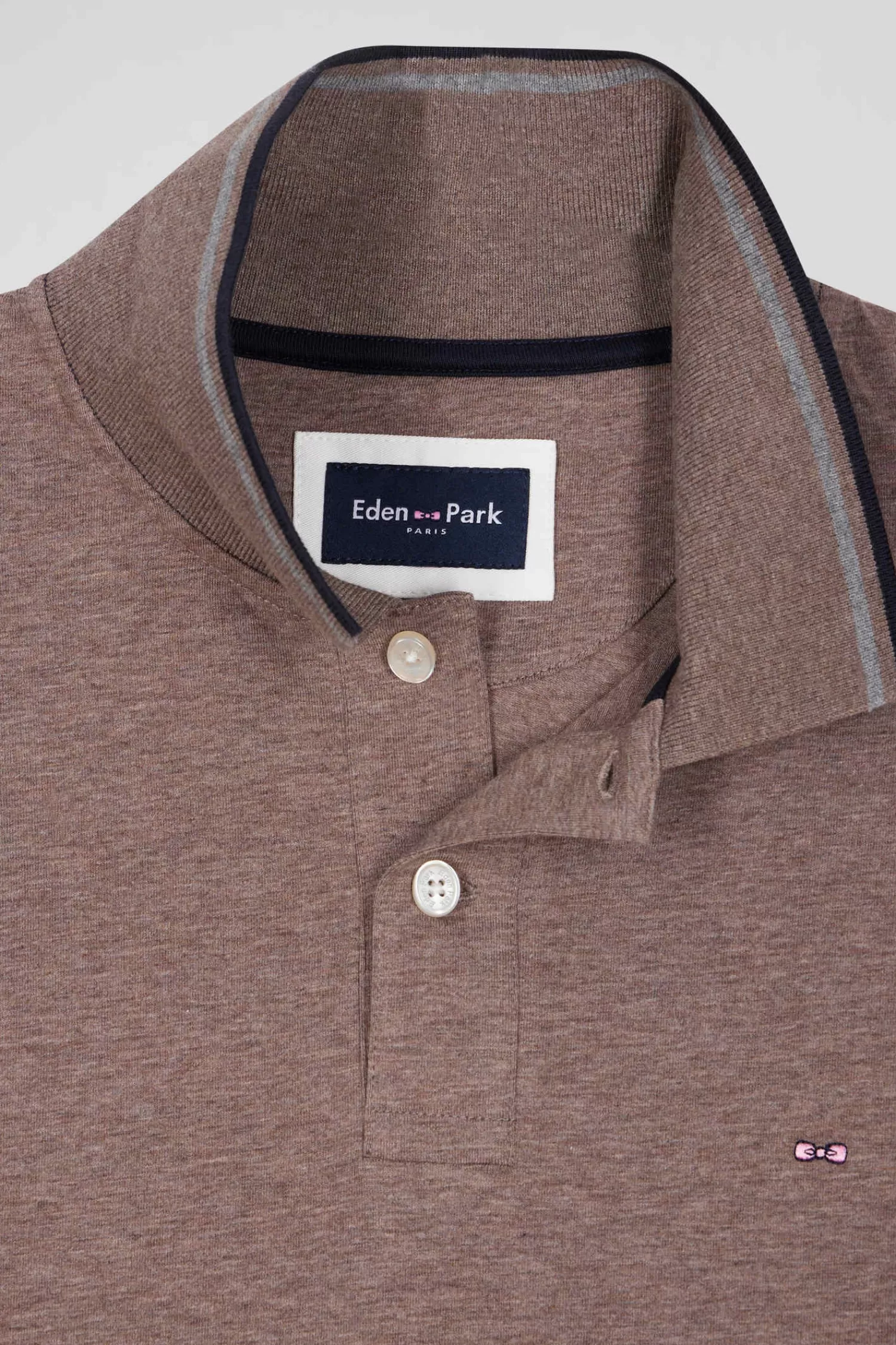 Eden Park Slim brown long-sleeved stretch cotton polo shirt with striped finishes< Polos