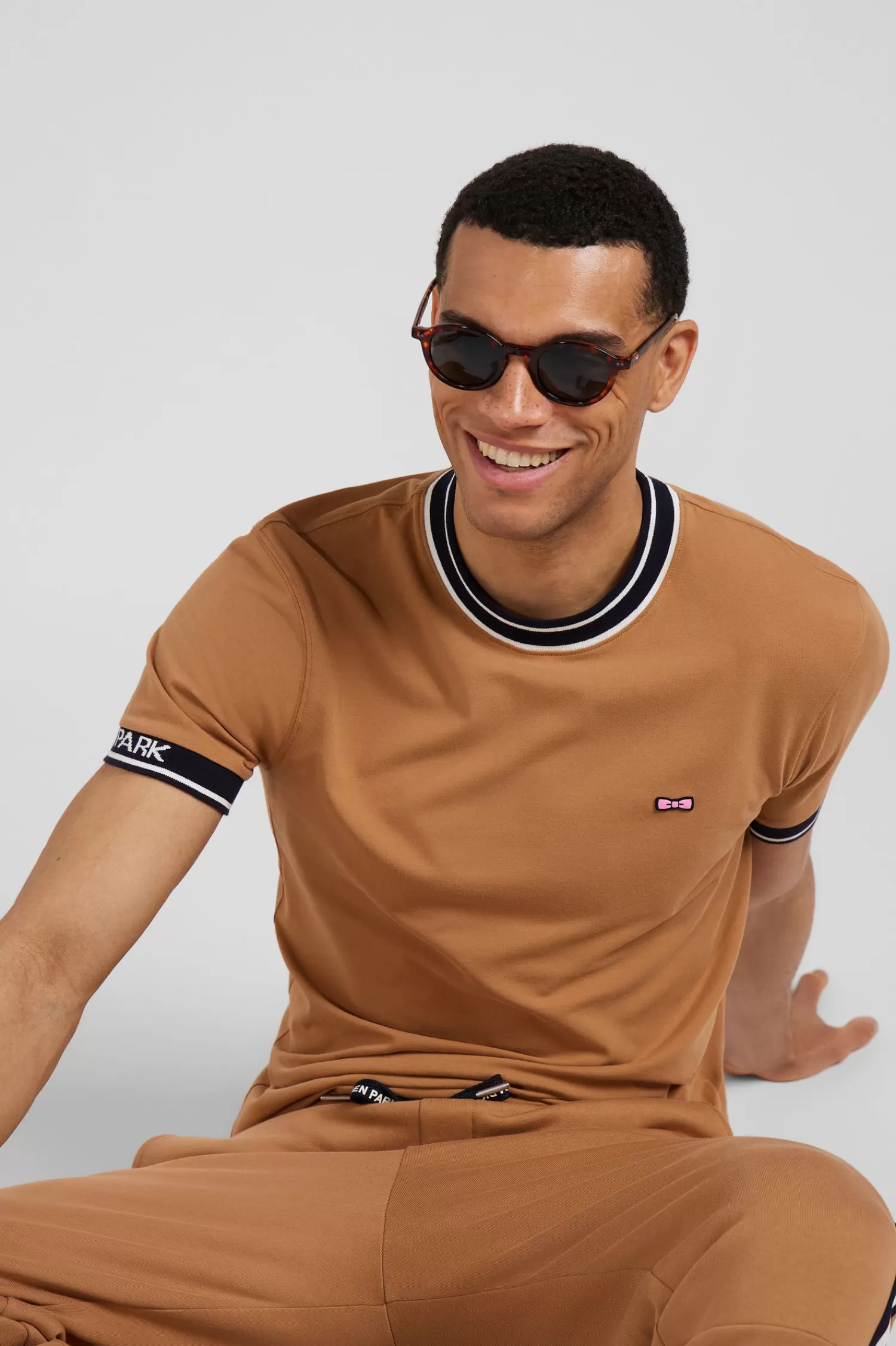Eden Park Slim camel short-sleeved cotton T-shirt with ribs< T-shirts