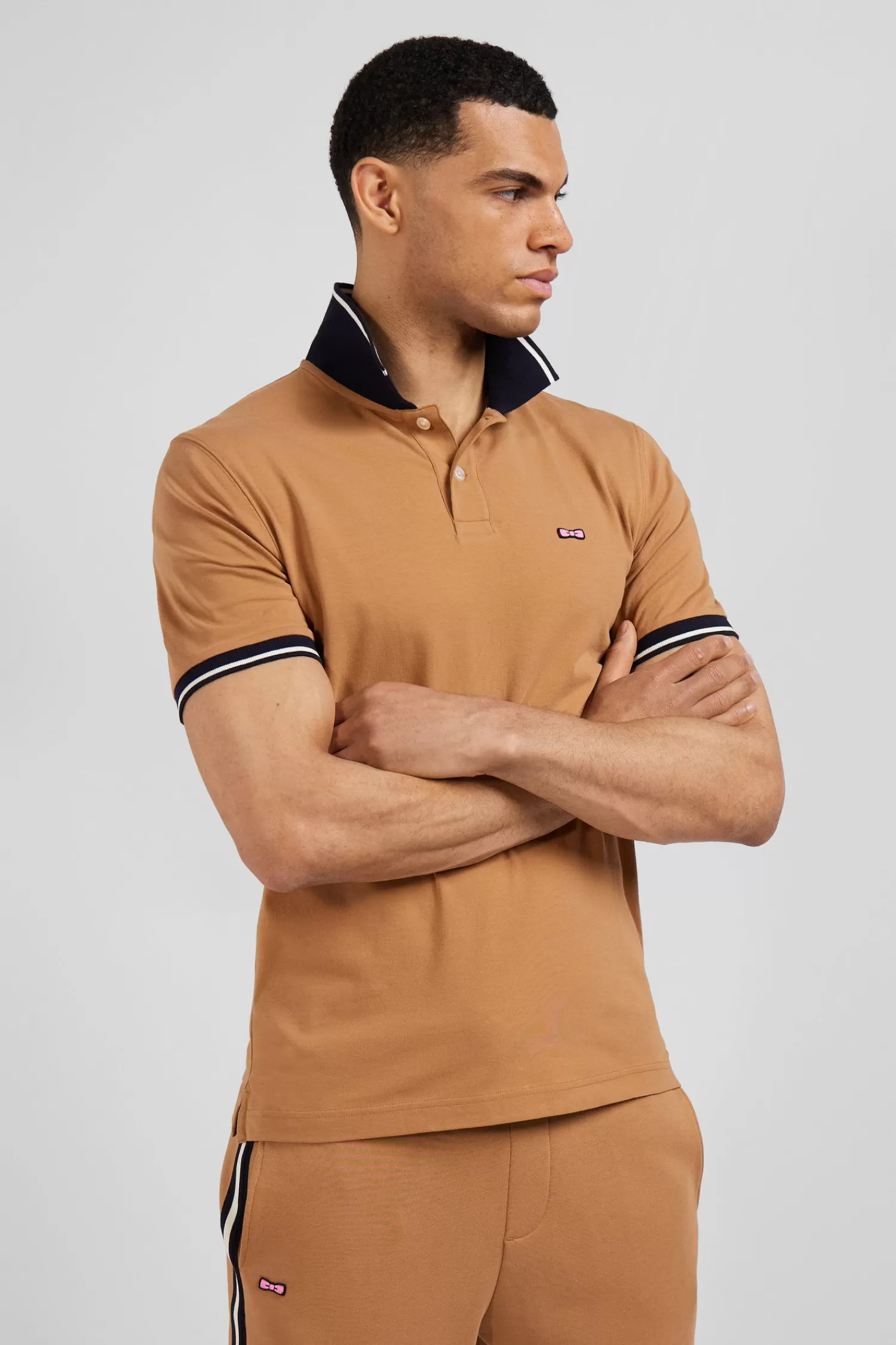 Eden Park Slim camel short-sleeved stretch cotton polo shirt with jacquard collar< Polos