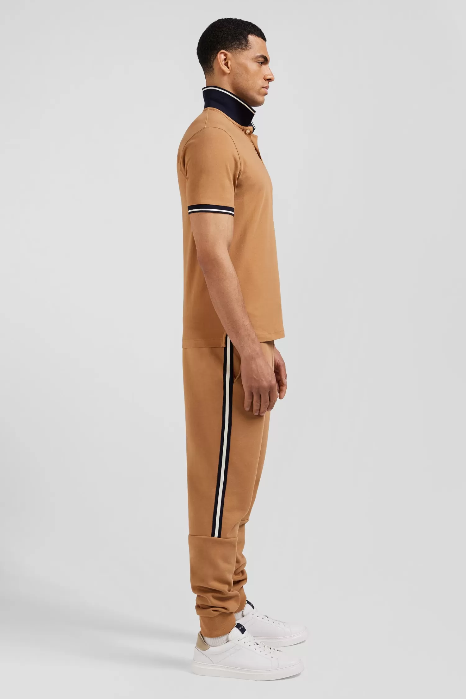 Eden Park Slim camel short-sleeved stretch cotton polo shirt with jacquard collar< Polos