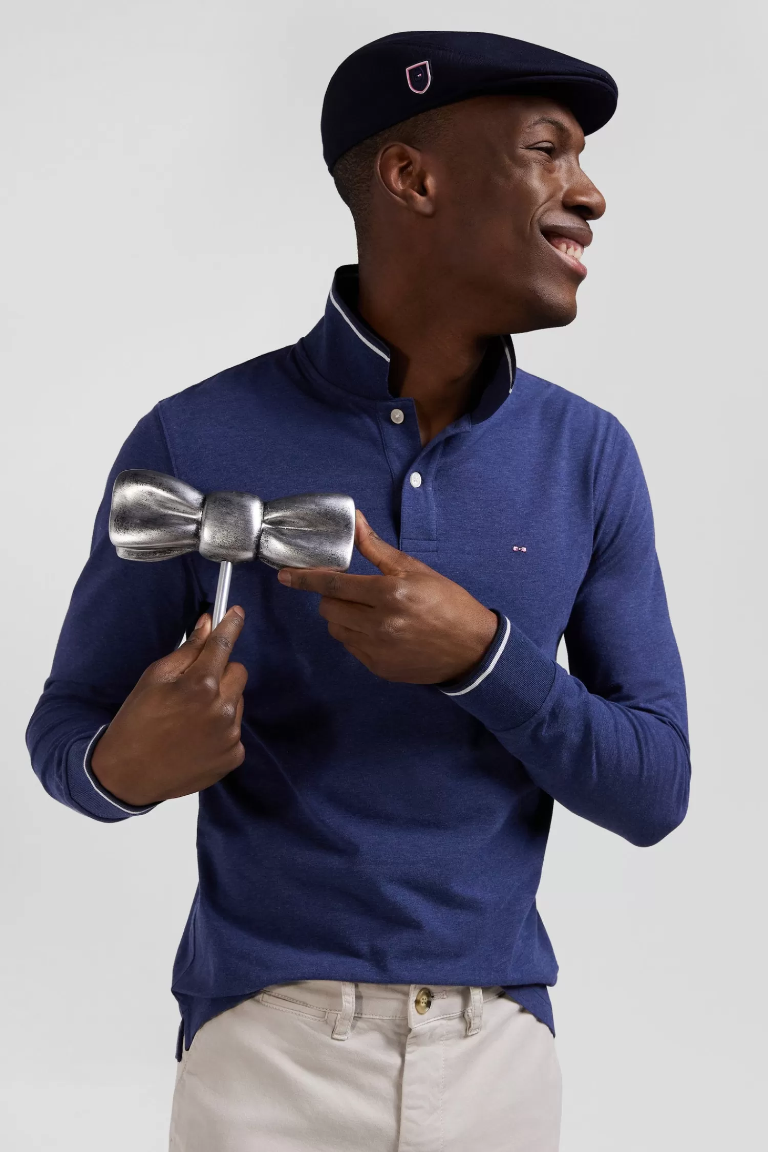 Eden Park Slim dark blue long-sleeved stretch cotton polo shirt with striped finishes< Polos