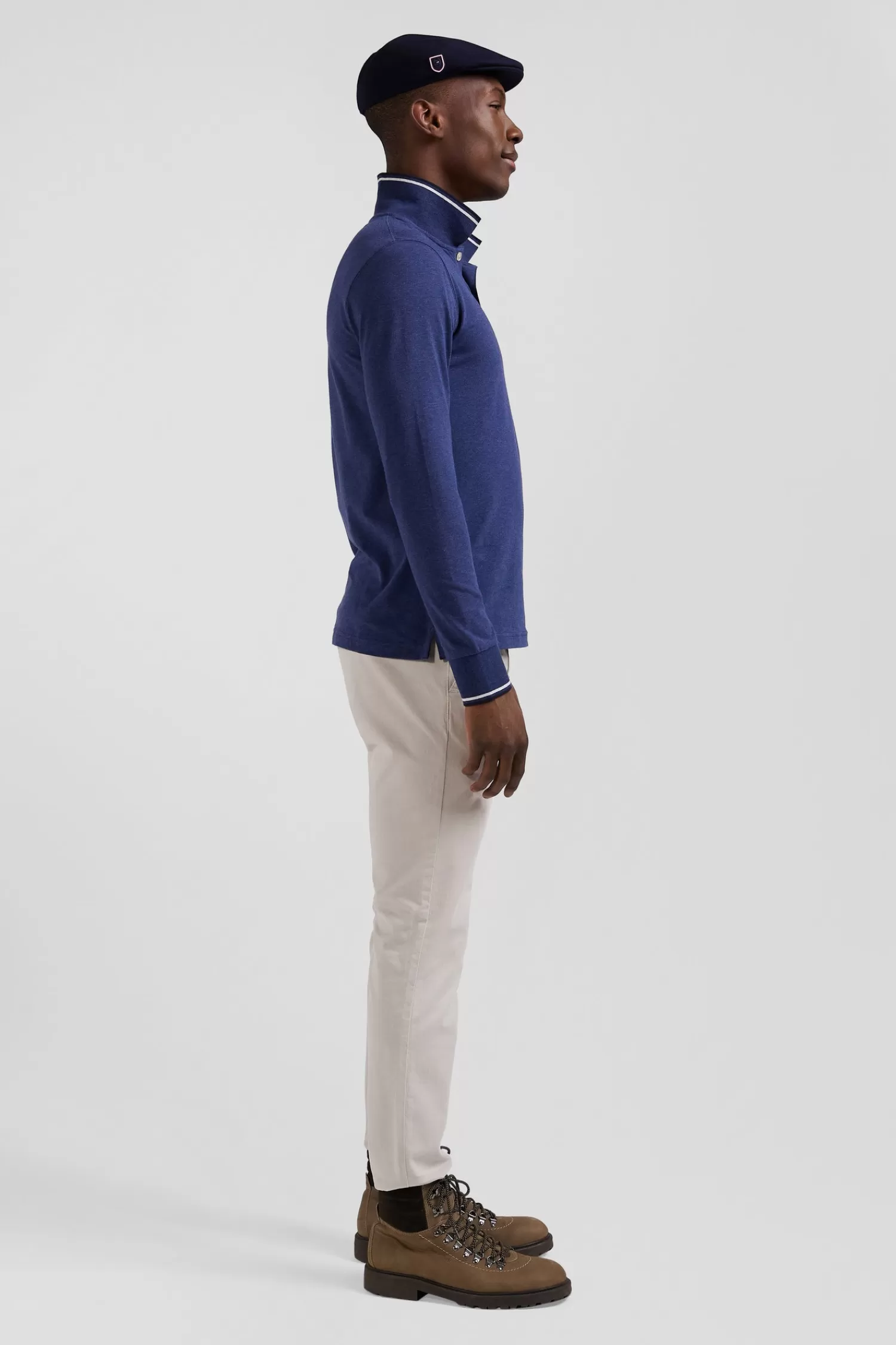 Eden Park Slim dark blue long-sleeved stretch cotton polo shirt with striped finishes< Polos