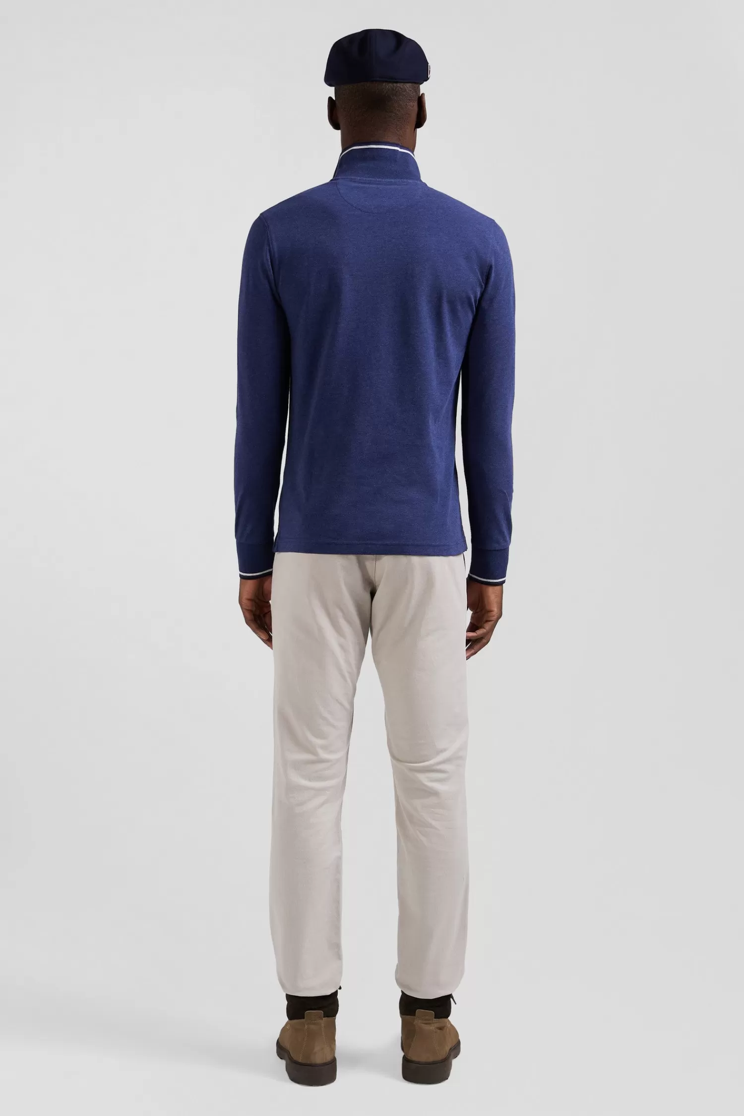 Eden Park Slim dark blue long-sleeved stretch cotton polo shirt with striped finishes< Polos