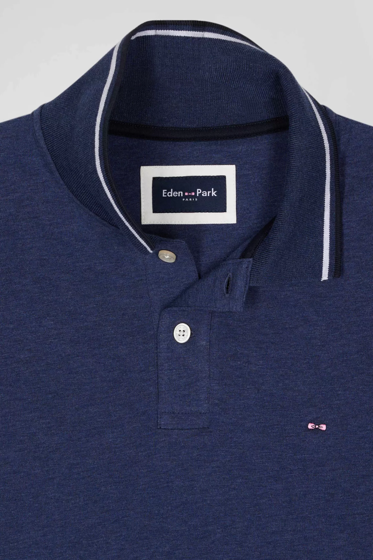 Eden Park Slim dark blue long-sleeved stretch cotton polo shirt with striped finishes< Polos