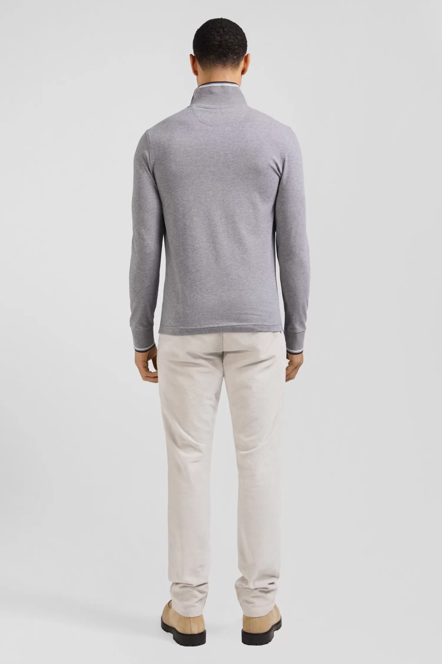 Eden Park Slim grey long-sleeved stretch cotton polo shirt with striped finishes< Polos