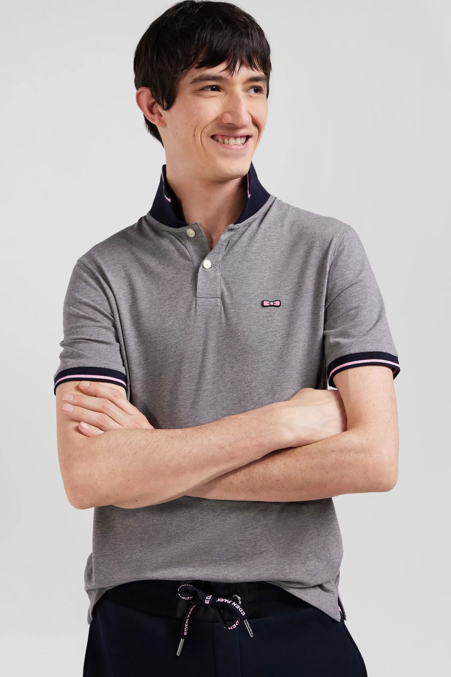 Eden Park Slim grey short-sleeved stretch cotton polo shirt with jacquard collar< Polos
