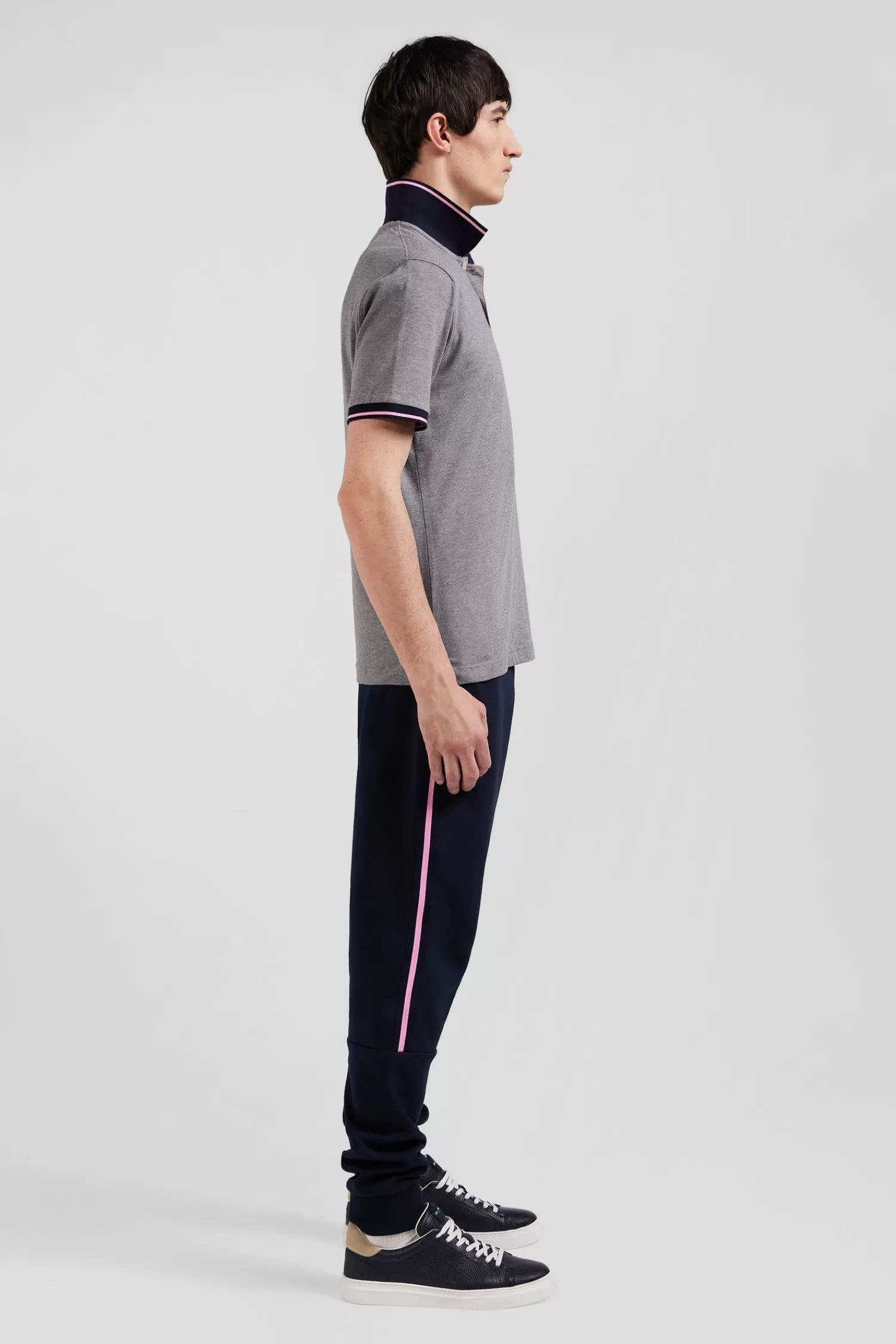 Eden Park Slim grey short-sleeved stretch cotton polo shirt with jacquard collar< Polos