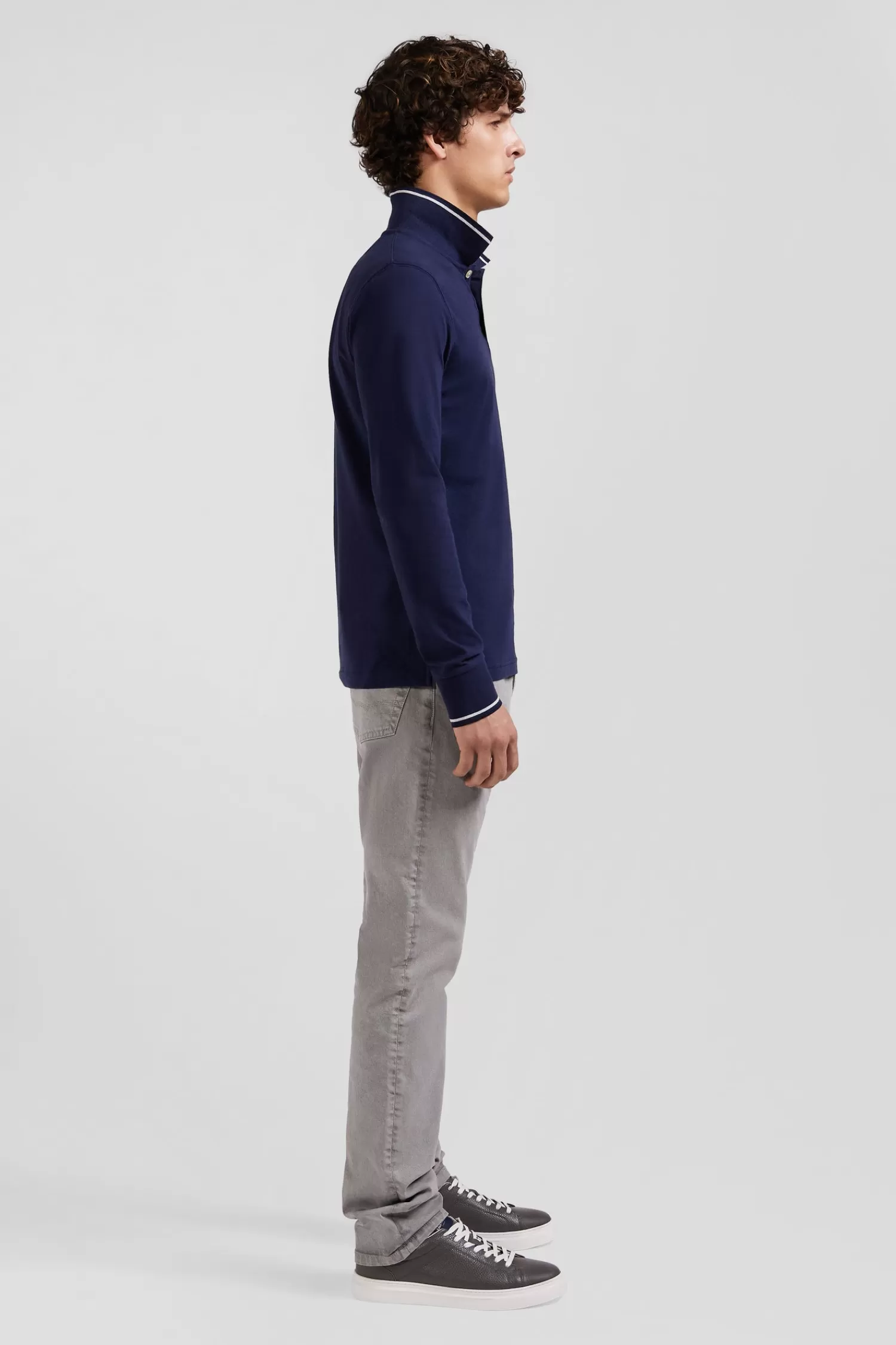 Eden Park Slim navy blue long-sleeved stretch cotton polo shirt with striped finishes< Polos