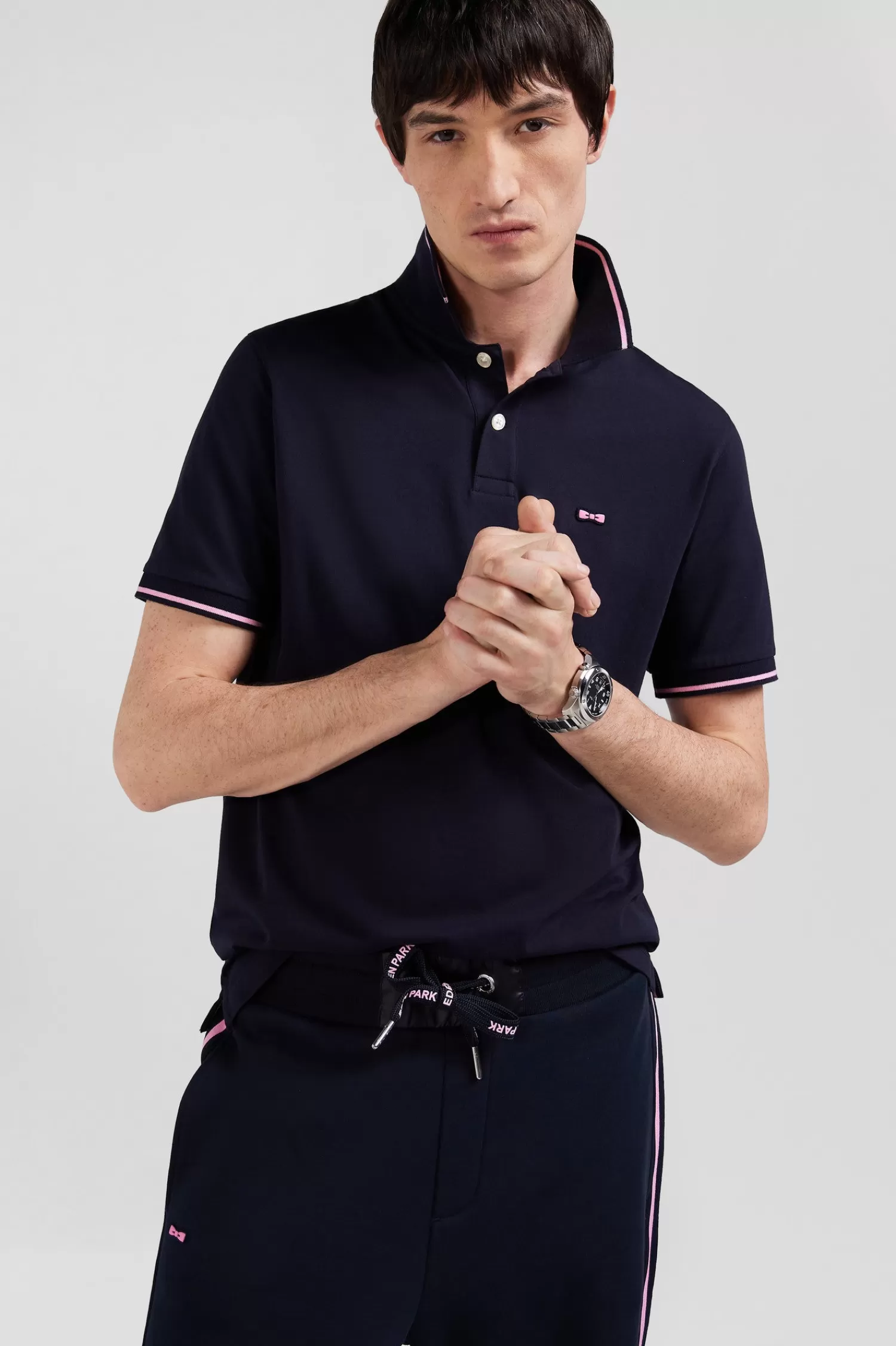 Eden Park Slim navy blue short-sleeved stretch cotton polo shirt with jacquard collar< Polos