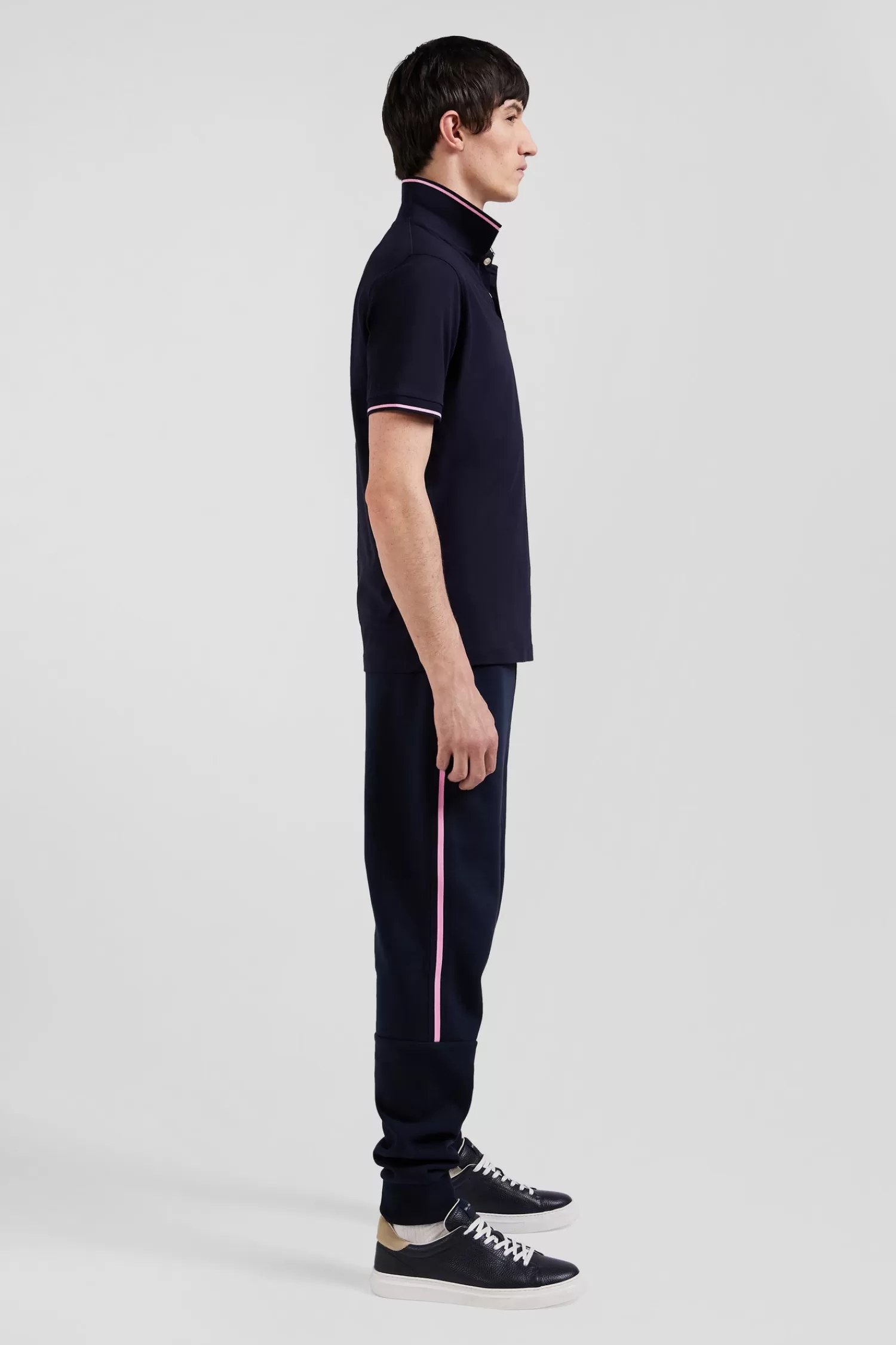 Eden Park Slim navy blue short-sleeved stretch cotton polo shirt with jacquard collar< Polos