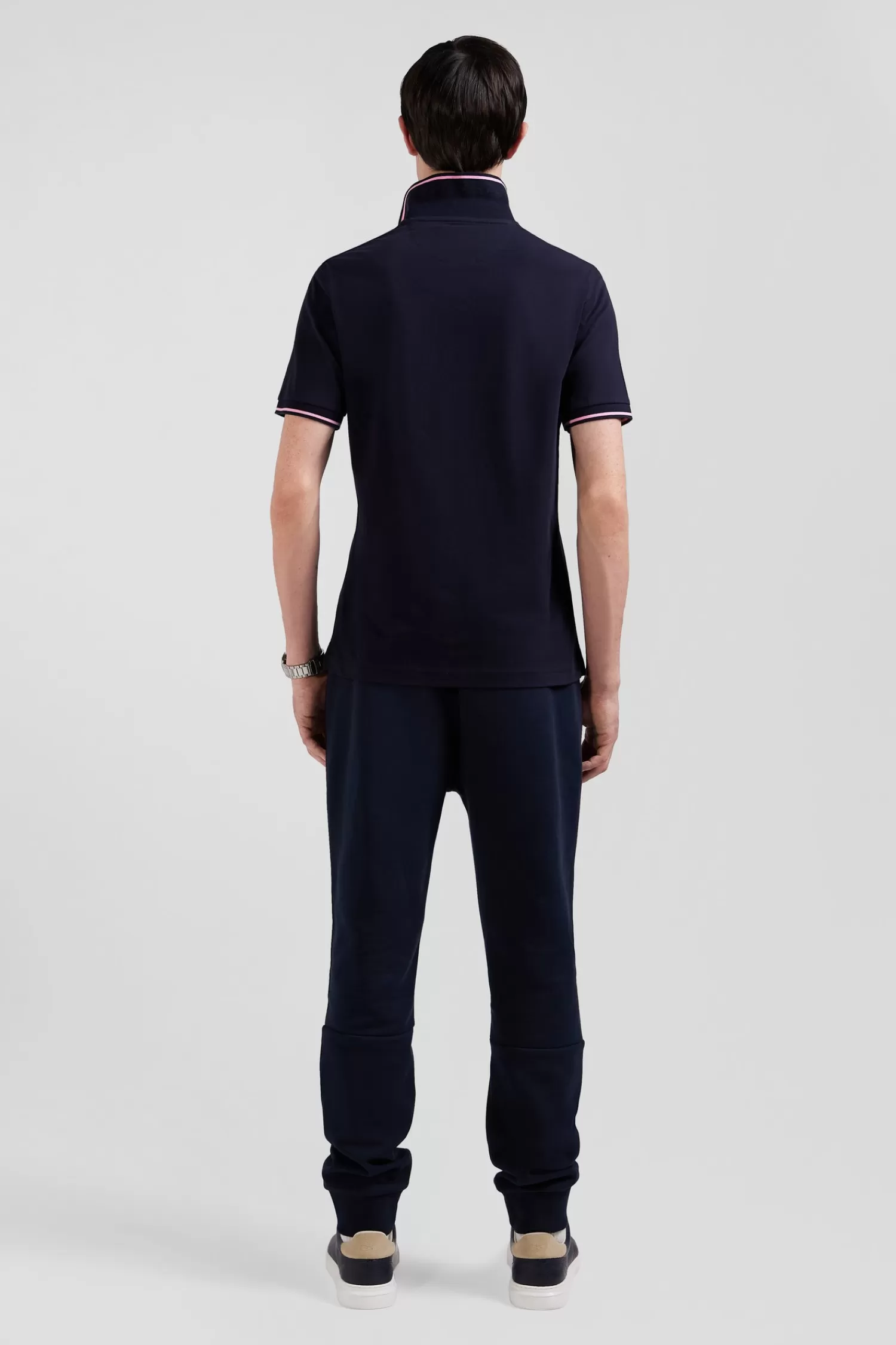 Eden Park Slim navy blue short-sleeved stretch cotton polo shirt with jacquard collar< Polos